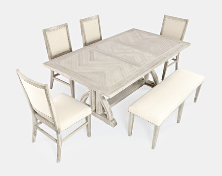 Ławka tapicerowana rustykalna – jasne drewno, beżowa tkanina, shabby chic