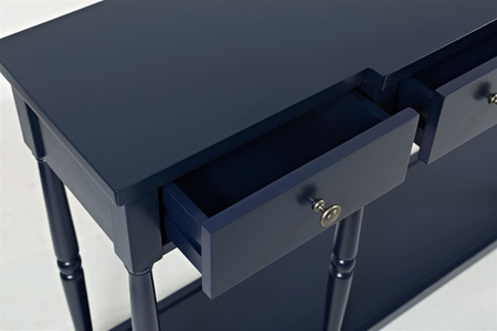 Ciemnogranatowa konsola w stylu Hampton z szufladami i półką