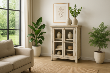 Komoda Rustykalna w kremowym kolorze z przeszklonymi drzwiami