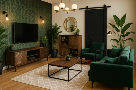 Komoda RTV drewniana z intarsją w stylu retro