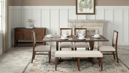 Ławka tapicerowana rustykalna – ciemne drewno, beżowa tkanina, styl shabby chic