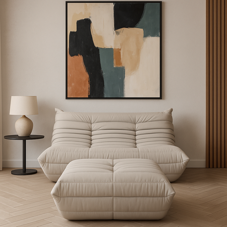 Sofa dwuosobowa- jasnobeżowa – nowoczesny design, pikowanie, tkanina aksamitna NUA