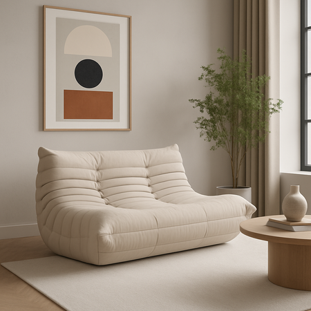 Sofa dwuosobowa- jasnobeżowa – nowoczesny design, pikowanie, tkanina aksamitna NUA