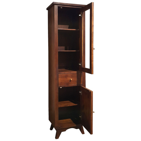 Witryna drewniana z przeszkloną szafką i szufladą – 52 cm, ciemny orzech