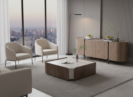 Stolik kawowy kaszmir i orzech włoski z metalową podstawą