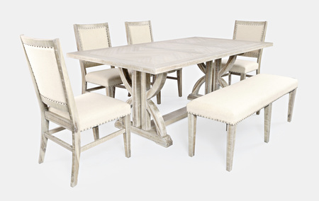 Ławka tapicerowana rustykalna – jasne drewno, beżowa tkanina, shabby chic