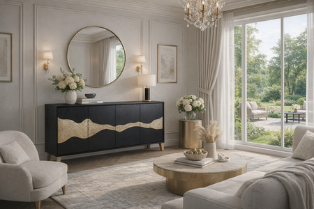 Elegancka komoda czarna ze złotymi akcentami - 150 cm