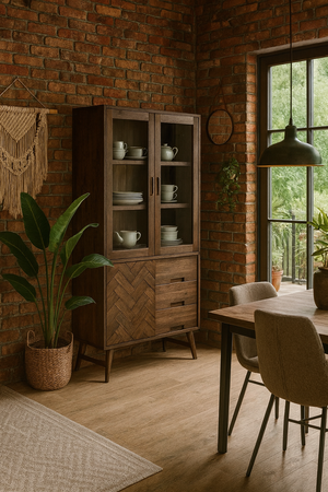 Witryna drewniana z intarsją w stylu vintage