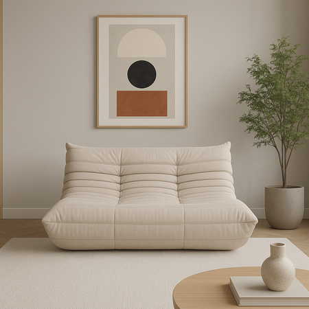 Sofa dwuosobowa- jasnobeżowa – nowoczesny design, pikowanie, tkanina aksamitna NUA