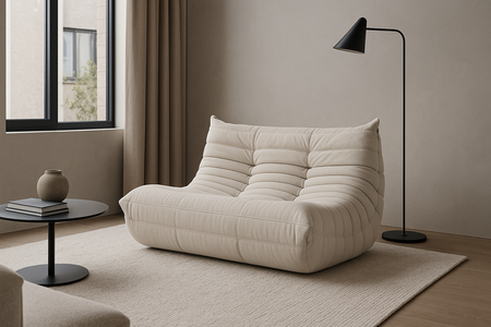 Sofa dwuosobowa- jasnobeżowa – nowoczesny design, pikowanie, tkanina aksamitna NUA