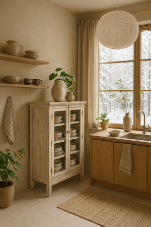 Komoda Rustykalna w kremowym kolorze z przeszklonymi drzwiami