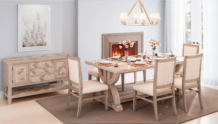 Ławka tapicerowana rustykalna – jasne drewno, beżowa tkanina, shabby chic