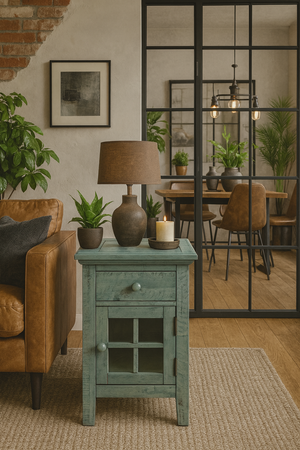 Szafka nocna- Rustykalny turkusowo-miętowy z gniazdem USB