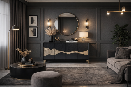 Elegancka komoda czarna ze złotymi akcentami - 150 cm