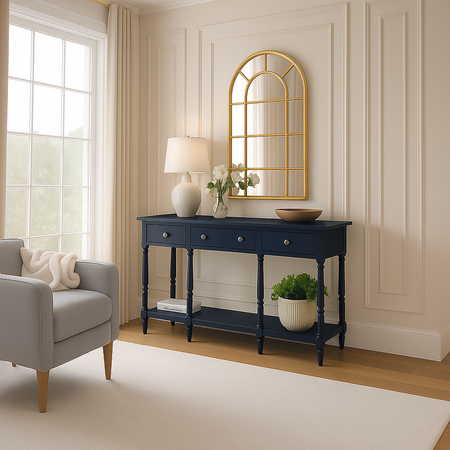 Ciemnogranatowa konsola w stylu Hampton z szufladami i półką