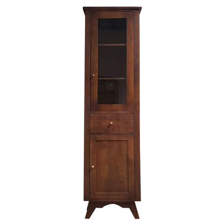 Witryna drewniana z przeszkloną szafką i szufladą – 52 cm, ciemny orzech