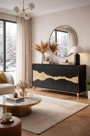 Elegancka komoda czarna ze złotymi akcentami - 150 cm