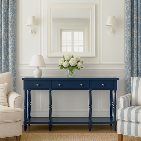Ciemnogranatowa konsola w stylu Hampton z szufladami i półką