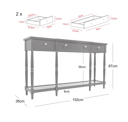 Ciemnogranatowa konsola w stylu Hampton z szufladami i półką