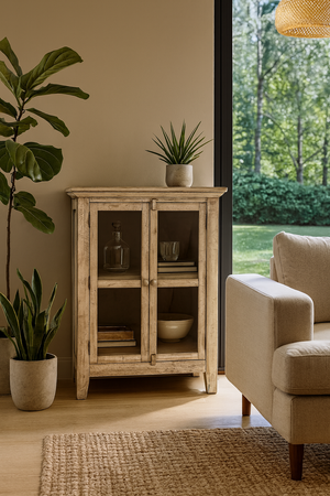 Komoda Rustykalna w kremowym kolorze z przeszklonymi drzwiami